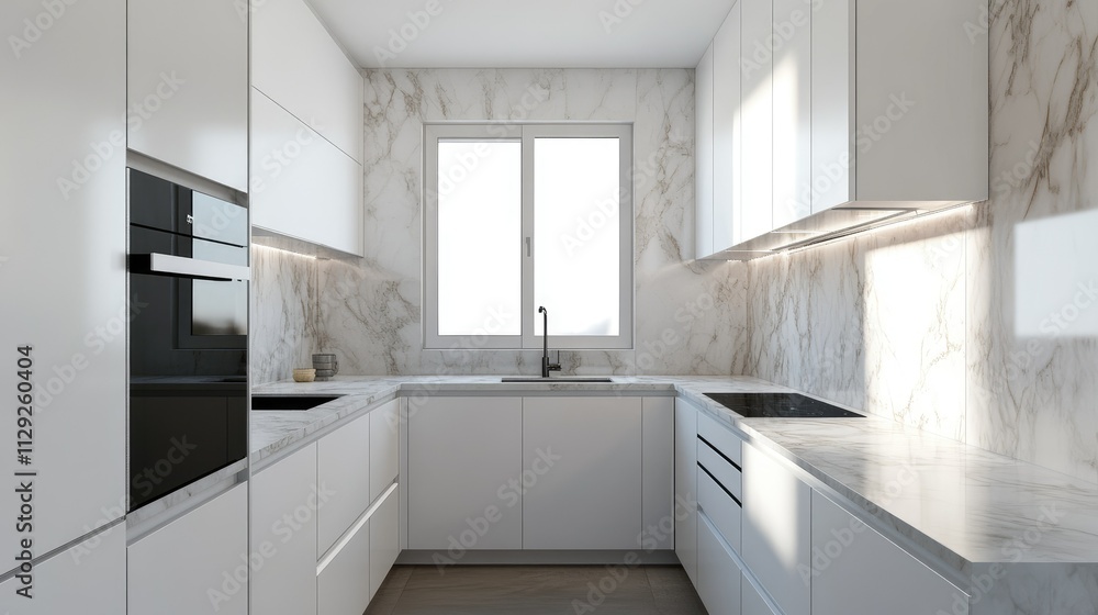 Minimalist kitchen with white cabinets and marble countertops Minimalist kitchen with white cabinets and marble countertops