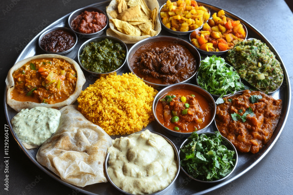 Colorful indian thali platter with variety of traditional dishes and spices Colorful indian thali platter with variety of traditional dishes and spices