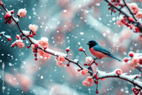 Bird perched on snowy tree branch photo