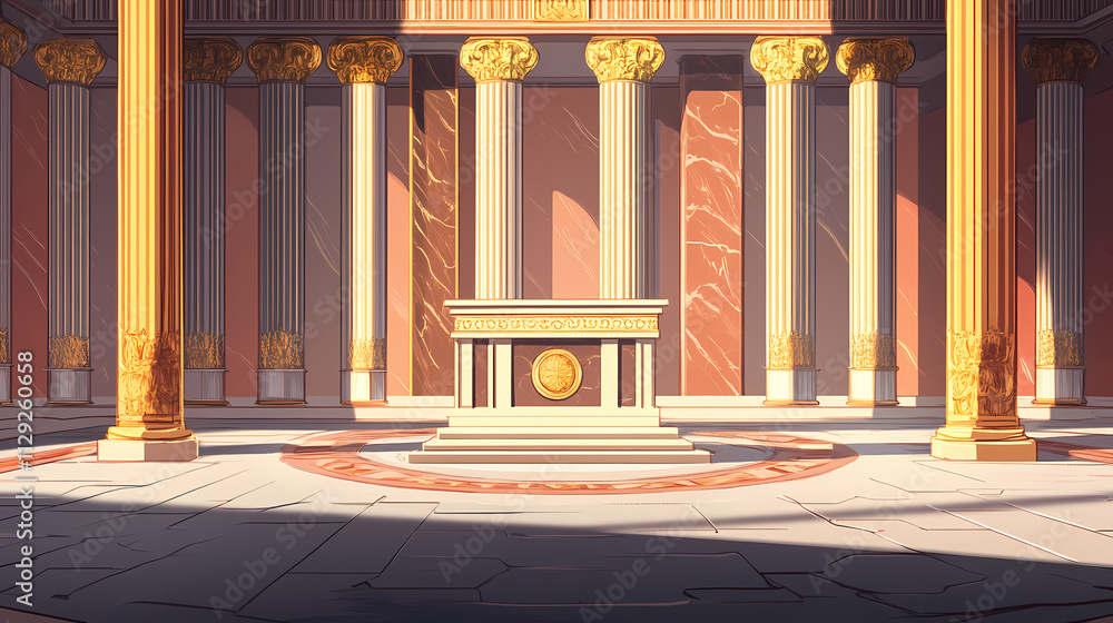 Obraz premium Roman podium adorned with gold accents, framed by towering columns and marble floors in a grand roman basilica, luxury product showcase, roman imperialism. Basilica. Illustration