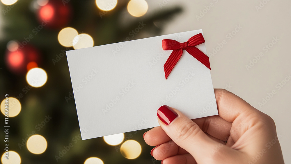 Hand holding a white card note with red ribbon bow for christmas and new year celebration greeting, banner Hand holding a white card note with red ribbon bow for christmas and new year celebration greeting, banner