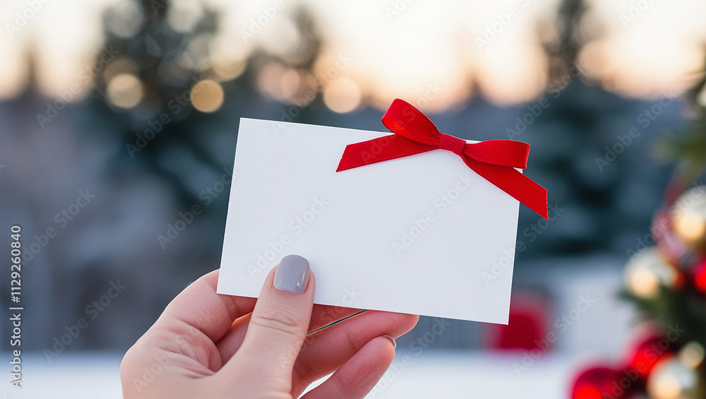 Hand holding a white card note with red ribbon bow for christmas and new year celebration greeting, banner Hand holding a white card note with red ribbon bow for christmas and new year celebration greeting, banner