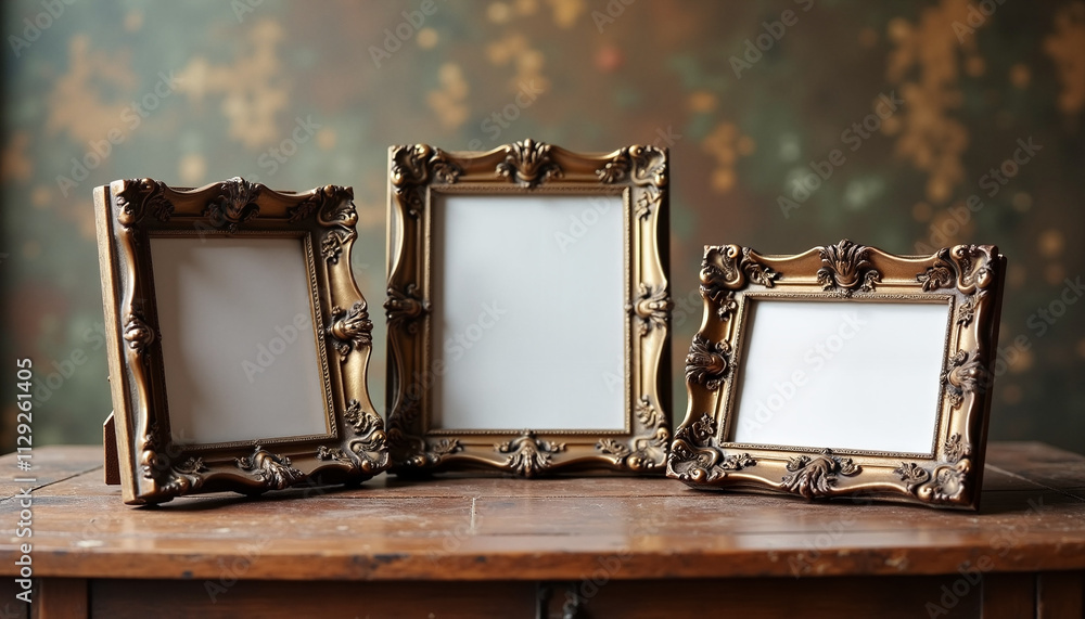 Vintage photo frame mockup in a rustic setting on wooden table, decorated background