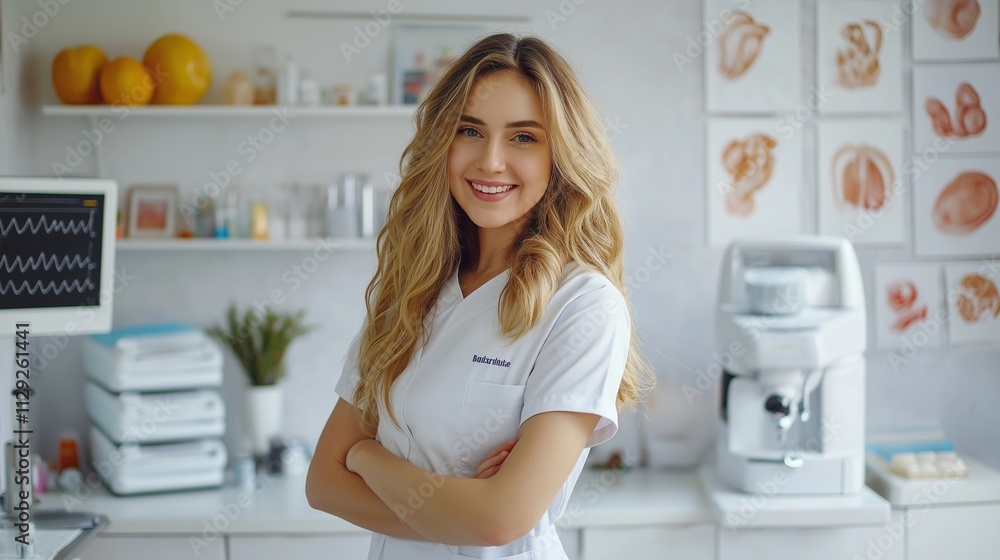 young caucasian nurse administering a vaccine in a clinic with posters promoting health awareness on the walls and a cheerful atmosphere young caucasian nurse administering a vaccine in a clinic with posters promoting health awareness on the walls and a cheerful atmosphere