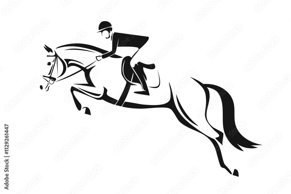 Equestrian rider jumping over an obstacle on a horse, depicted in a minimalist black and white silhouette style Equestrian rider jumping over an obstacle on a horse, depicted in a minimalist black and white silhouette style