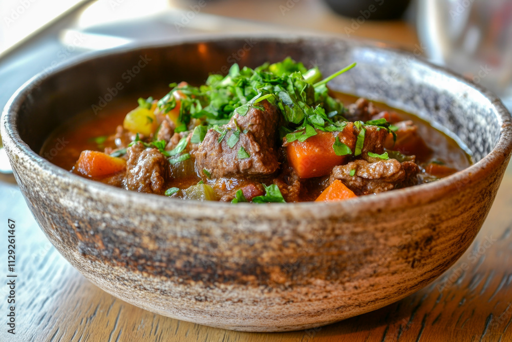 Rustic beef stew with vegetables in ceramic bowl on wooden table Rustic beef stew with vegetables in ceramic bowl on wooden table