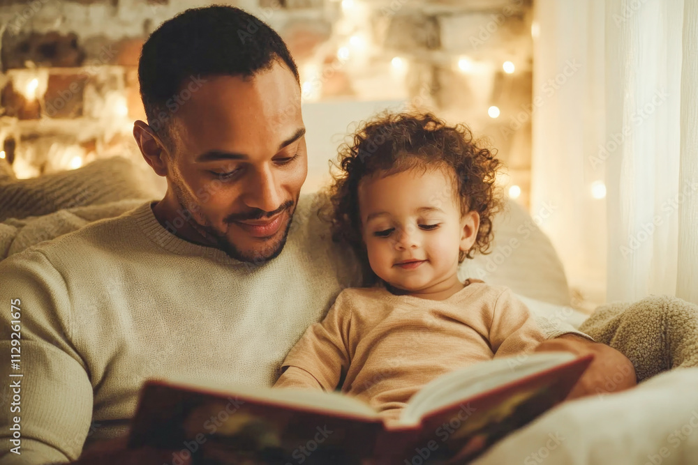 African male adult reading to mixed-race child in cozy evening setting African male adult reading to mixed-race child in cozy evening setting
