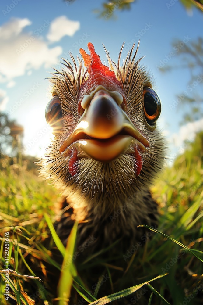 A chicken in a field looks into the frame. Selective focus. A chicken in a field looks into the frame. Selective focus.