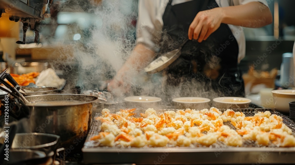 In a vibrant Japanese tempura kitchen, chefs expertly fry golden-brown shrimp and vegetables In a vibrant Japanese tempura kitchen, chefs expertly fry golden-brown shrimp and vegetables