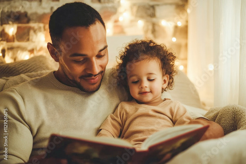 African male adult reading to mixed-race child in cozy evening setting