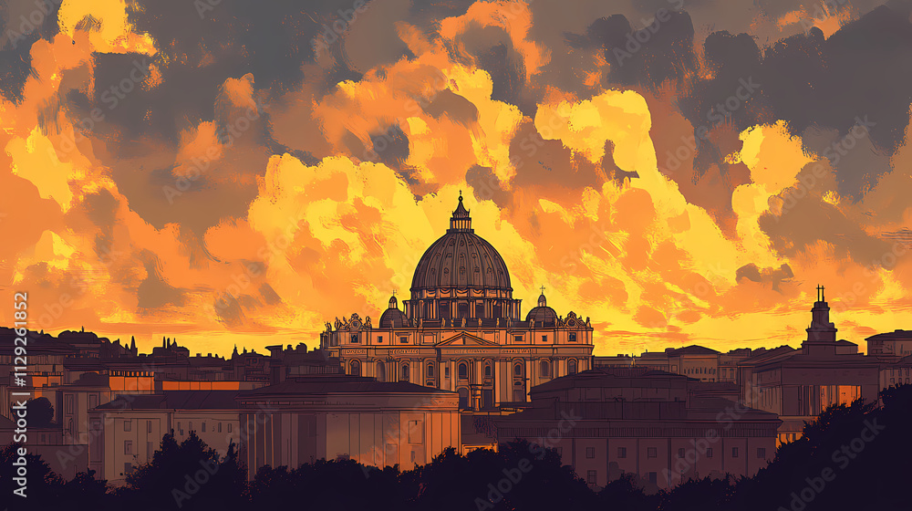Obraz premium St. peter's basilica at sunset: a majestic view of vatican city, bathed in golden hues and dramatic clouds. Basilica. Illustration
