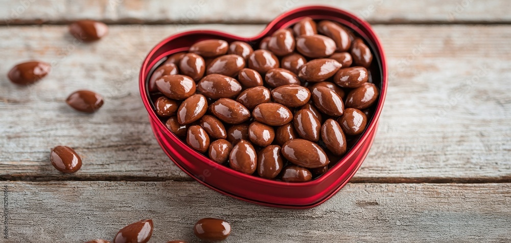 A heart-shaped box filled with chocolate-covered almonds on a rustic wooden surface, evoking a sense of love and indulgence. A heart-shaped box filled with chocolate-covered almonds on a rustic wooden surface, evoking a sense of love and indulgence.