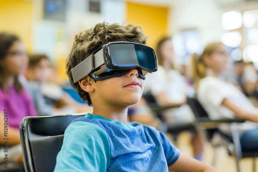 Child wearing virtual reality headset, classroom setting. Child wearing virtual reality headset, classroom setting.