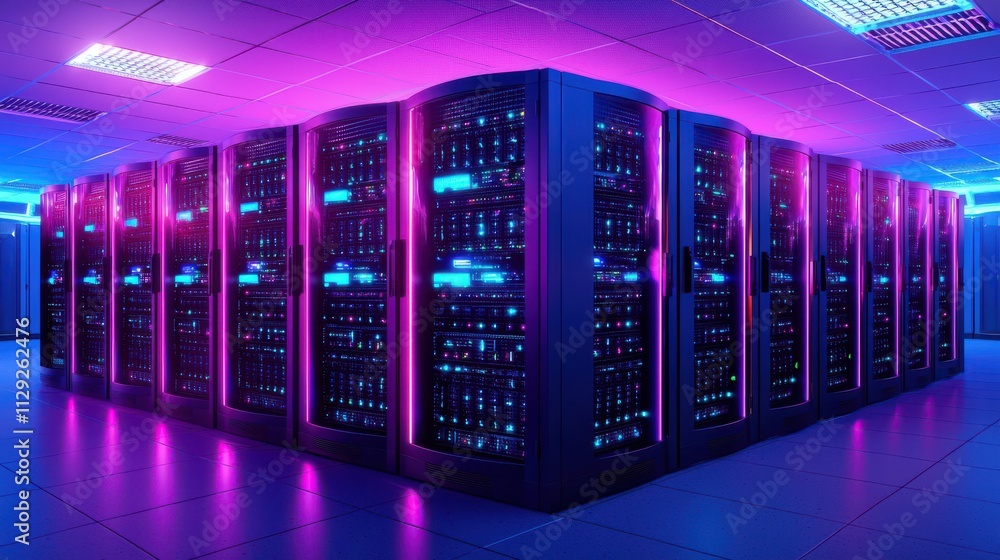 High tech data center with neon lit server racks glowing brightly High tech data center with neon lit server racks glowing brightly
