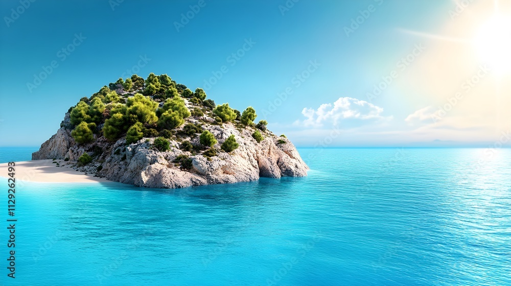 Fototapeta premium Tranquil Island Oasis with Lush Vegetation and Crystal Clear Waters Under a Bright Blue Sky, Perfect for Relaxation and Tropical Escapes