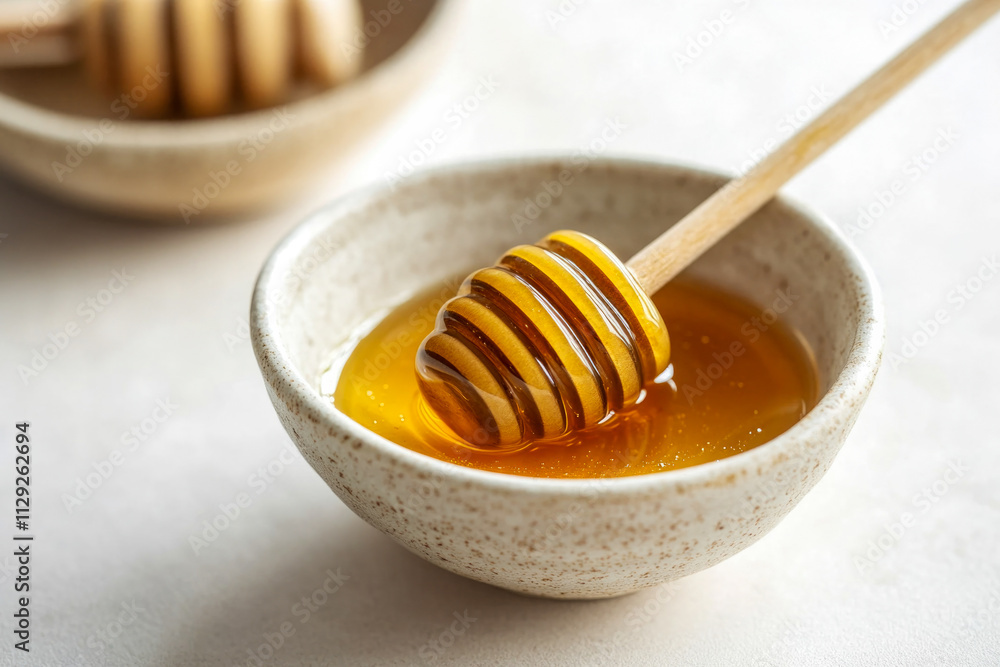 Golden honey dripping from wooden dipper into ceramic bowl Golden honey dripping from wooden dipper into ceramic bowl