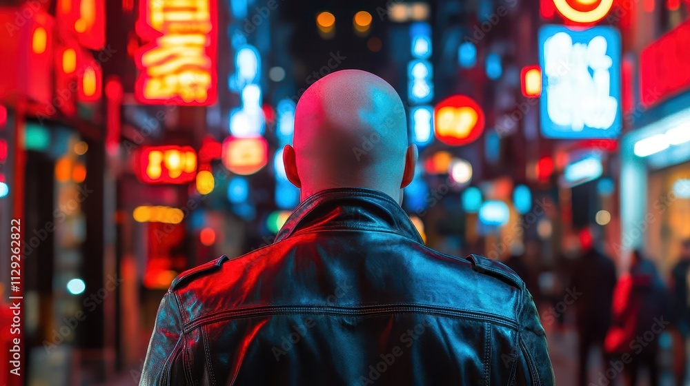 Fototapeta premium Rear view of a bald white man wearing a leather jacket, standing in a city street at night, blurred neon lights, bald head, rear view, white man