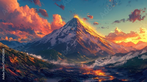 Majestic volcano erupting at sunset with vibrant colors