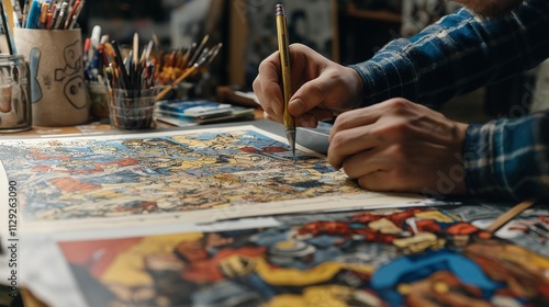 comic book artist inking dramatic scenes on a drafting table