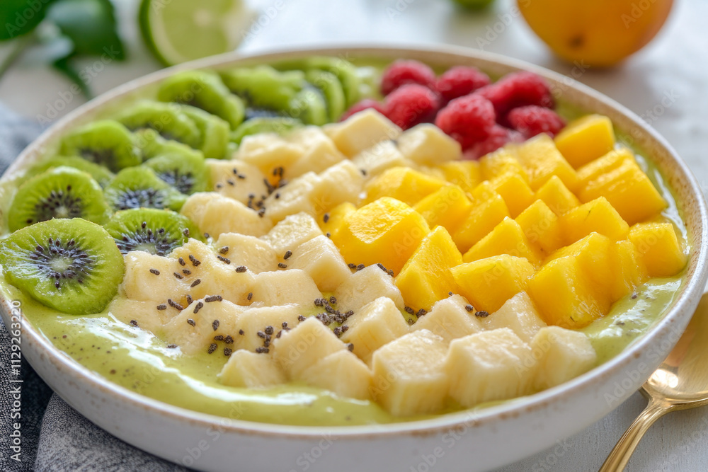 Colorful smoothie bowl with kiwi, banana, and mango topped with chia seeds and fresh raspberries Colorful smoothie bowl with kiwi, banana, and mango topped with chia seeds and fresh raspberries