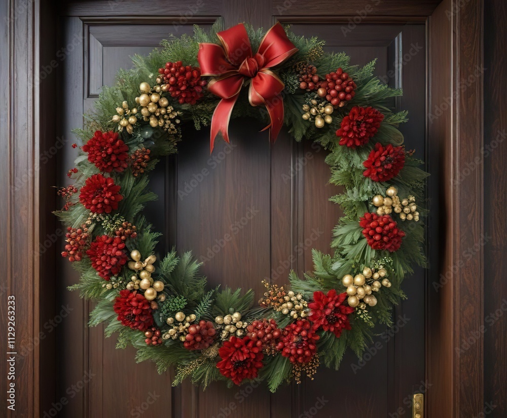Luxurious red and green wreath with gold accents and berry clusters on a wooden door , ornate details, greenery wreath Luxurious red and green wreath with gold accents and berry clusters on a wooden door , ornate details, greenery wreath