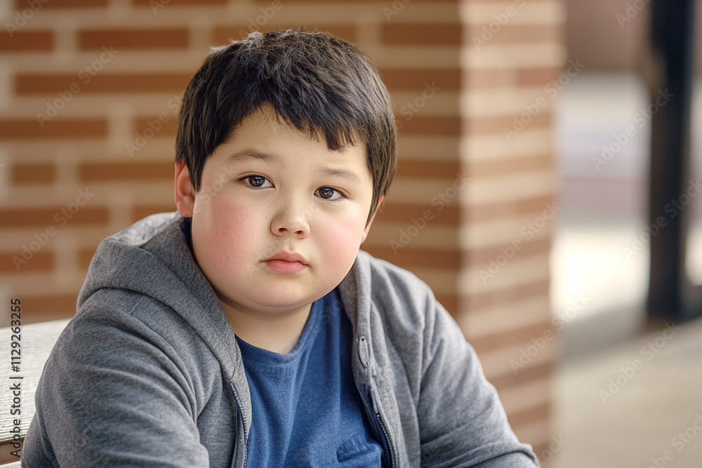 overweight boy with blush in sports clothes sitting outside. Asian fat male school child looking at the camera. Photo overweight boy with blush in sports clothes sitting outside. Asian fat male school child looking at the camera. Photo