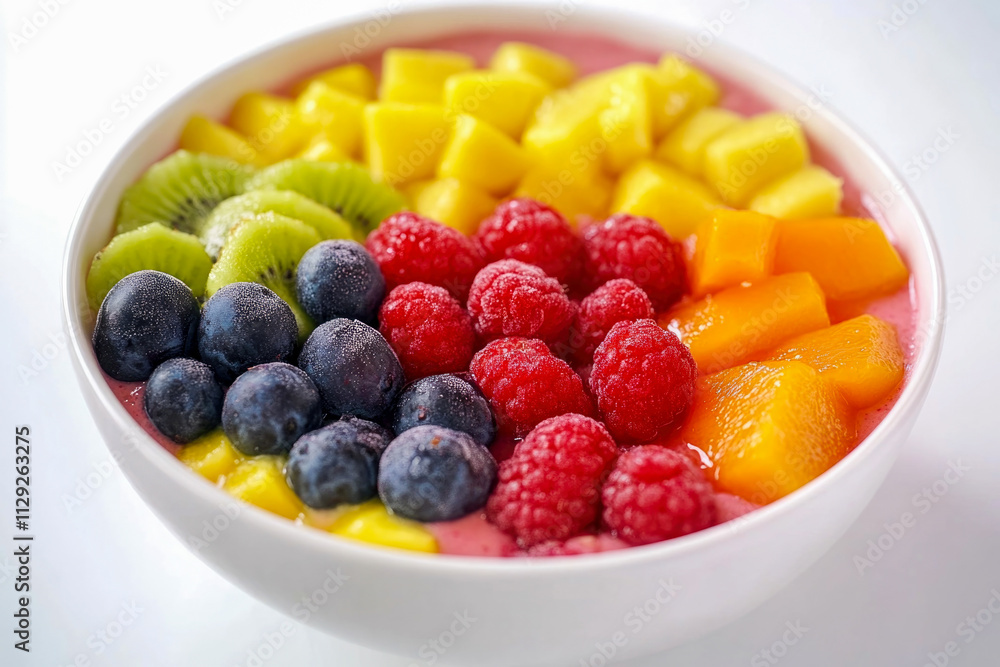Colorful fruit bowl with kiwi, blueberries, raspberries, mango, and peaches on yogurt Colorful fruit bowl with kiwi, blueberries, raspberries, mango, and peaches on yogurt