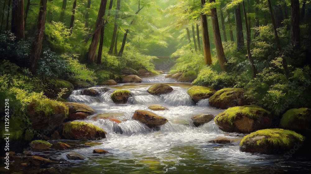 Obraz premium Tranquil Forest Creek with Mossy Rocks. This serene image captures a cascading creek flowing through a lush forest.