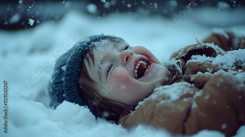 A child lying on their back laughing as snow falls gently onto their face surrounded by a blanket of snow. photo