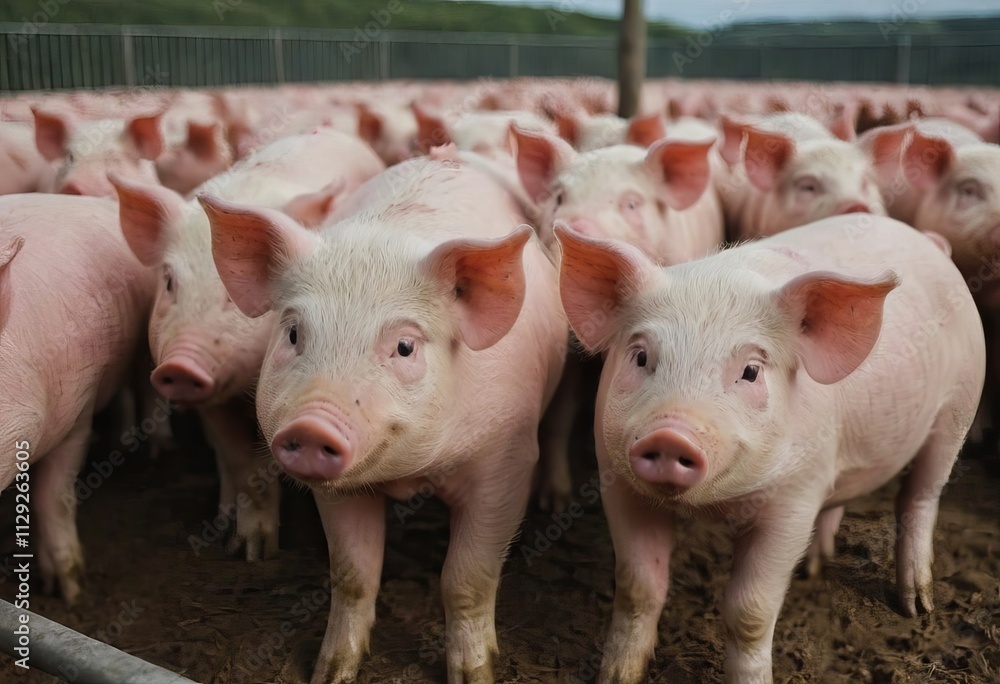 A herd of pigs is standing closely next to each other in the dirt A herd of pigs is standing closely next to each other in the dirt