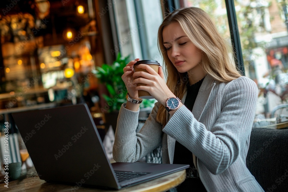 Enjoying a warm drink while working on a laptop in a cozy urban cafe setting Enjoying a warm drink while working on a laptop in a cozy urban cafe setting