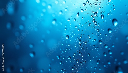 Blue Rain Drops on Glass: Abstract close-up of water droplets on a glass surface, creating a mesmerizing texture and tranquil blue backdrop. Perfect for designs evoking serenity and freshness.