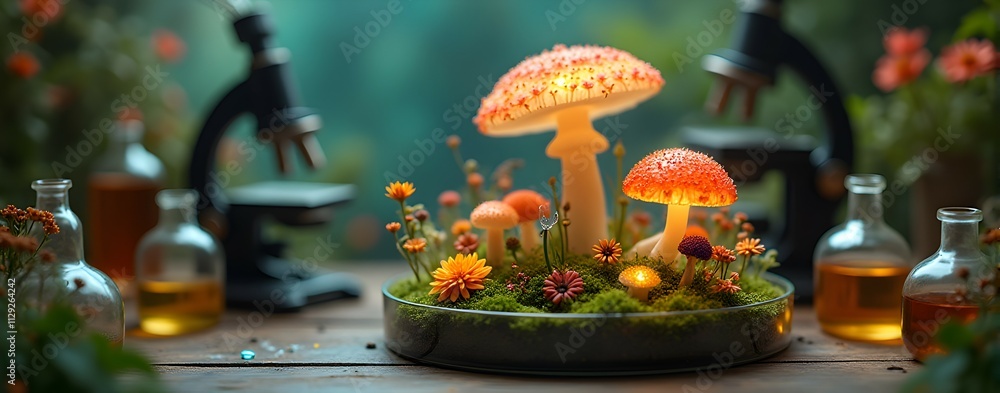 Fototapeta premium Enchanted mushroom lamps illuminate a miniature mossy forest scene, glowing softly amidst tiny flowers and scientific tools.