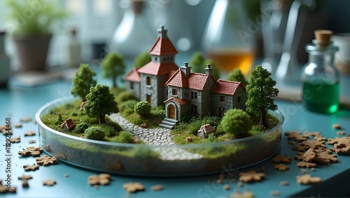 Enchanted miniature village nestled in a glass terrarium, surrounded by lush greenery and tiny pathways. A captivating scene! photo