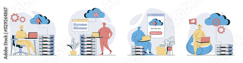 Cloud computing concept set in flat design for web. Collection with people using cloud processing, making sync and data backup with online files storage, sharing and download. Vector illustrations.