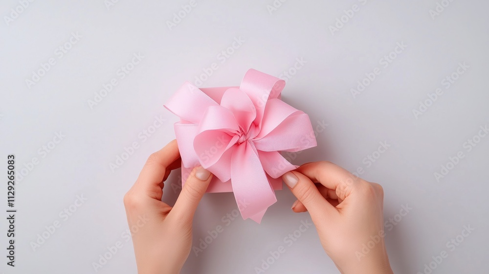 Hands skillfully tie a lovely pink ribbon on a gift box Hands skillfully tie a lovely pink ribbon on a gift box