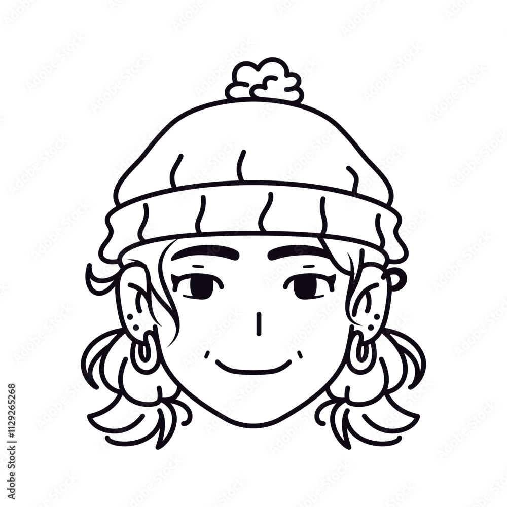 Vector Young Smiling Black Woman Avatar Wool Hat Cartoon Illustration Isolated