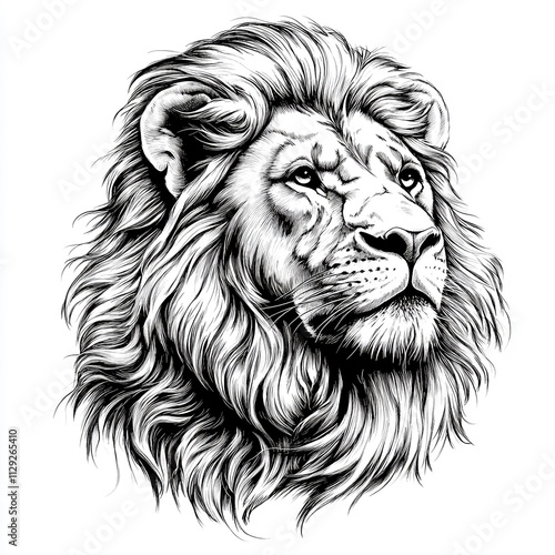 Detailed Sketch of a Majestic Lion’s Head with a Flowing Mane on White Background photo