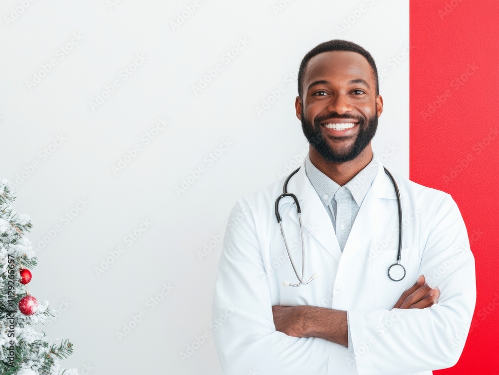 Smiling Doctor in Holiday-Themed Telemedicine Session Celebrating Health Coverage Day, Christmas, and New Year Smiling Doctor in Holiday-Themed Telemedicine Session Celebrating Health Coverage Day, Christmas, and New Year