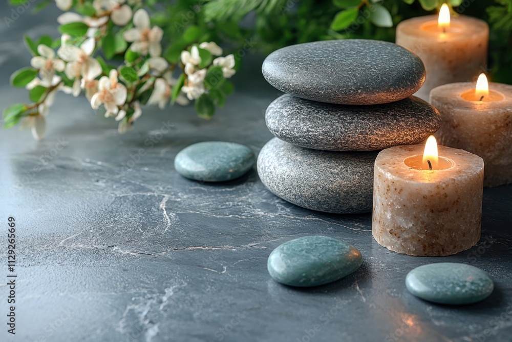 Obraz premium A soothing spa arrangement with stacked zen stones and burning candles. A relaxing and harmonious concept for wellness and tranquility