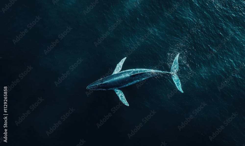 Obraz premium A majestic whale swims gracefully through dark waters, showcasing its powerful body and serene presence in the deep ocean.