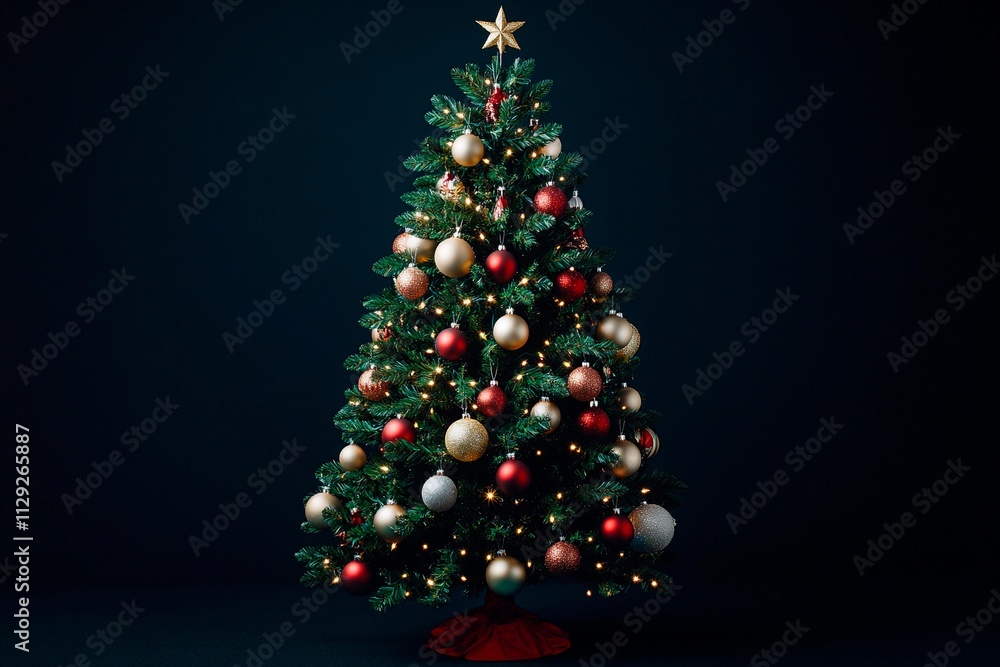 Festive Christmas tree adorned with shimmering ornaments and twinkling lights in a dark setting