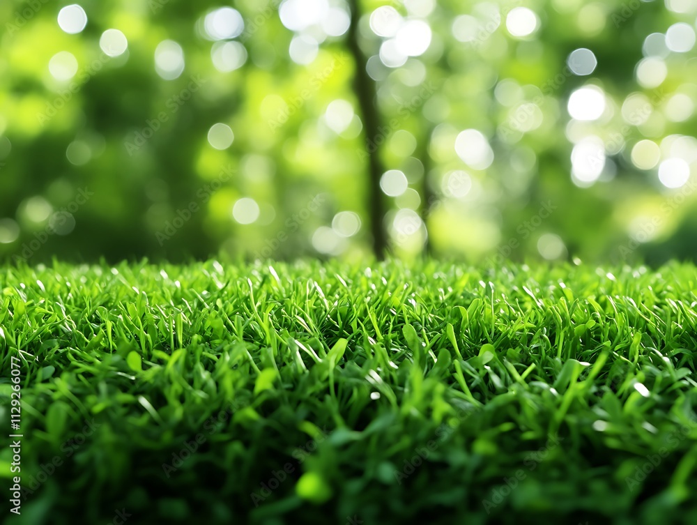 Lush green grass in a sunlit forest setting Lush green grass in a sunlit forest setting