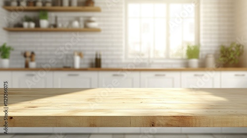 Wooden light empty table top in modern white kitchen, kitchen panel in interior