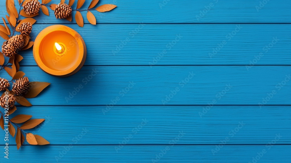Cozy Autumn Decor with Orange Candle and Pine Cones on Vibrant Blue Wooden Surface, Perfect for Seasonal Celebrations and Home Ambiance Cozy Autumn Decor with Orange Candle and Pine Cones on Vibrant Blue Wooden Surface, Perfect for Seasonal Celebrations and Home Ambiance