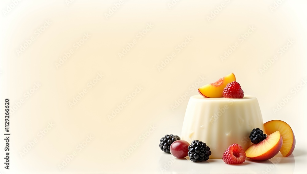 Indulge in creamy Panna Cotta, adorned with juicy peach slices and vibrant raspberries, blackberries. A delightful dessert! Indulge in creamy Panna Cotta, adorned with juicy peach slices and vibrant raspberries, blackberries. A delightful dessert!