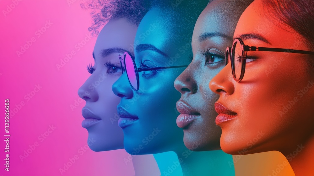 Colorful female profiles, eyewear, vibrant background. Colorful female profiles, eyewear, vibrant background.