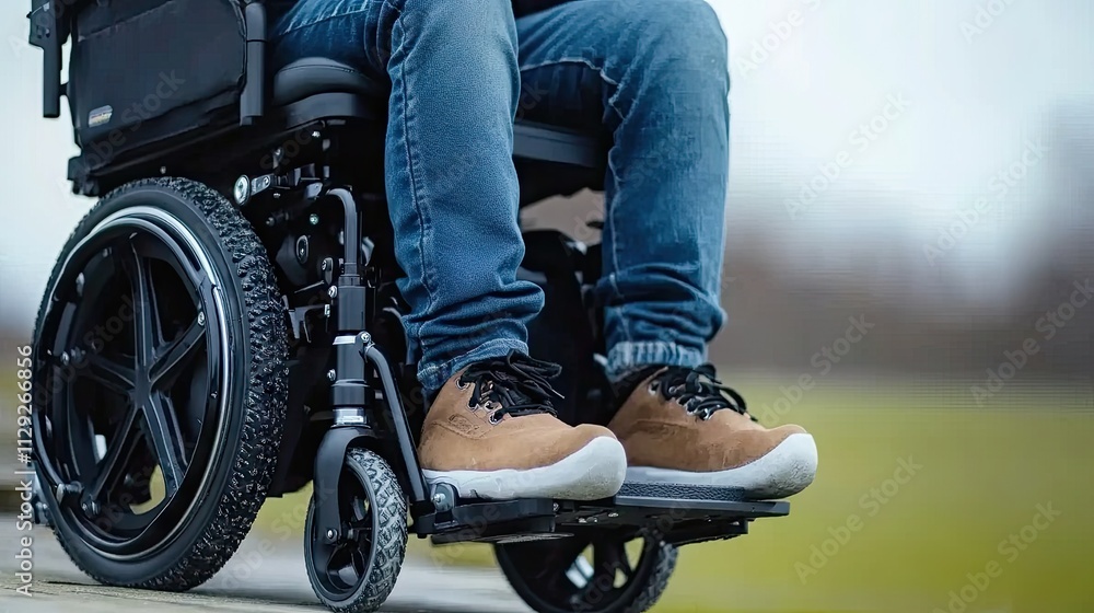 Obraz premium A person in an electric wheelchair is leaning against the wall of a house with a single step leading inside. The area around is flat and free of obstacles, promoting accessibility