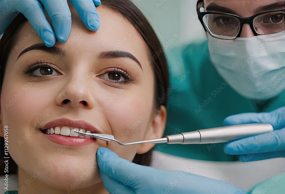 A woman sits in a dental chair as a dentist examines her teeth A woman sits in a dental chair as a dentist examines her teeth