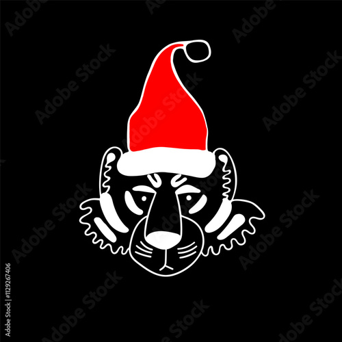 Christmas mask with outline muzzle of black tiger in red cap drawn by hand in doodle style isolated. Sticker, clip art, package, postcard, poster.